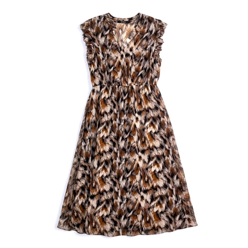 Steve Madden Abstract Print Ruffle Midi Dress Size L Brown Black Boho
